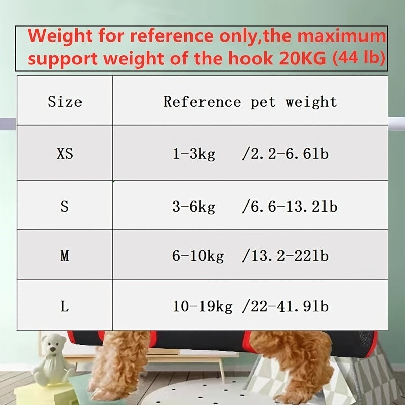Size chart showing pet weight ranges for XS, S, M and L hammocks