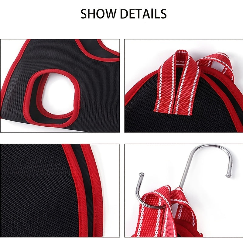 Detail shots of the leg openings, hook straps and mesh stitching