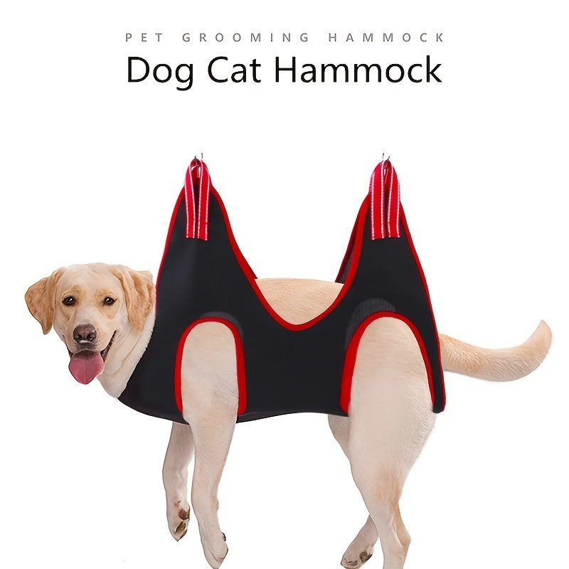 Golden retriever resting calmly in a WEPET pet grooming hammock