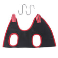 Pet grooming hammock laid flat showing four leg openings and two S-hooks