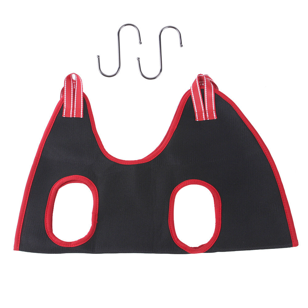 Pet grooming hammock laid flat showing four leg openings and two S-hooks