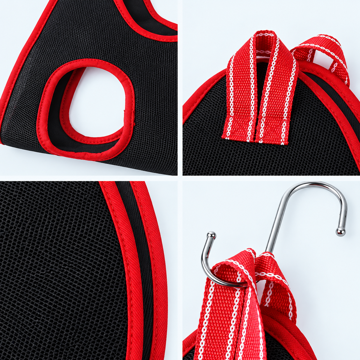 Close-ups of red reinforced edges, sewn loops, black mesh and silver hook