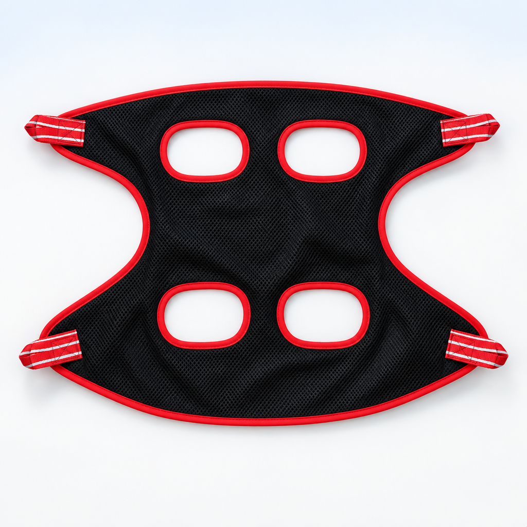 Fully unfolded black and red hammock showing four leg openings