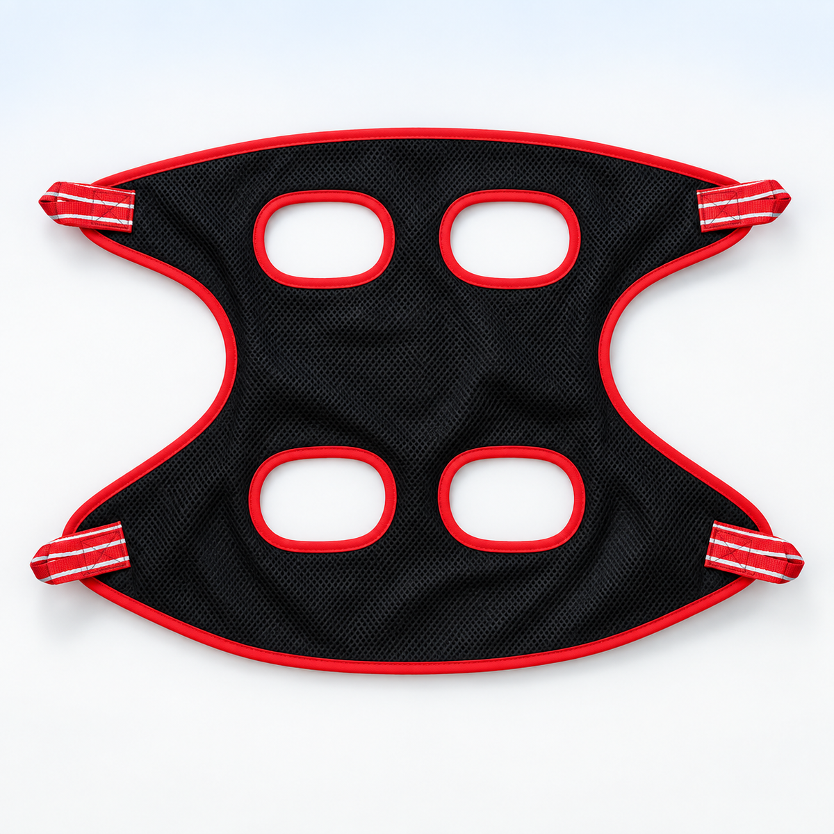 Fully unfolded black and red hammock showing four leg openings