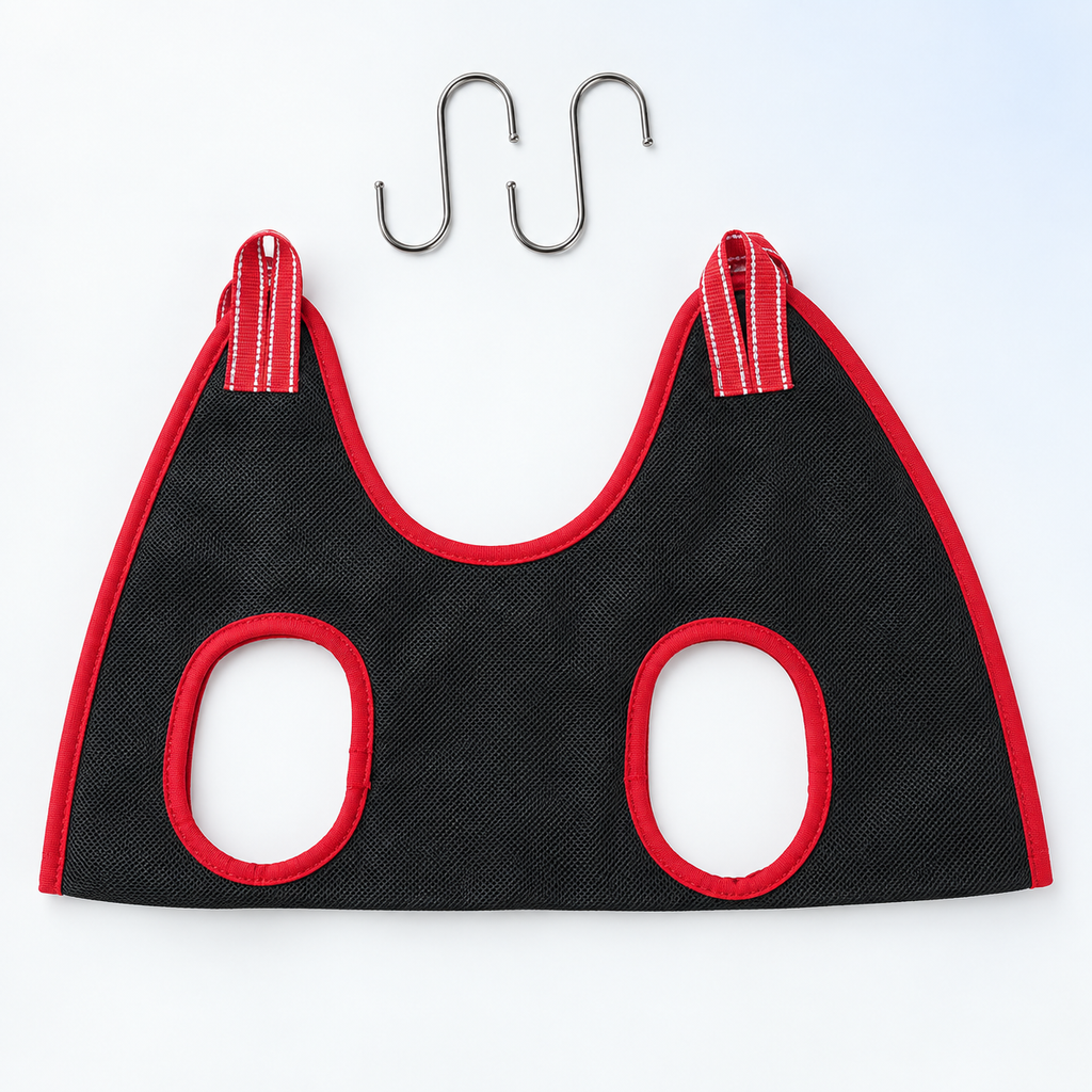 Black and red grooming hammock laid flat with two silver S-hooks