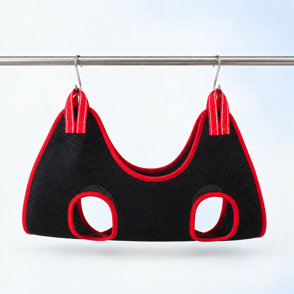 Black and red grooming hammock suspended from a silver rail